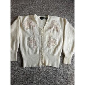 Vintage 80s Ivory Lambswool Angora Soft Victorian Cardigan Sweater SMALL